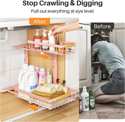 PXRACK Under Sink Organizer, Adjustable Height, 2 Tier Pull Out Under Cabinet Organizer, Slide Out Thickened Metal Under Sink Storage for Kitchen Bathroom Laundry Pantry Cabinet, White, Large-1-Pack