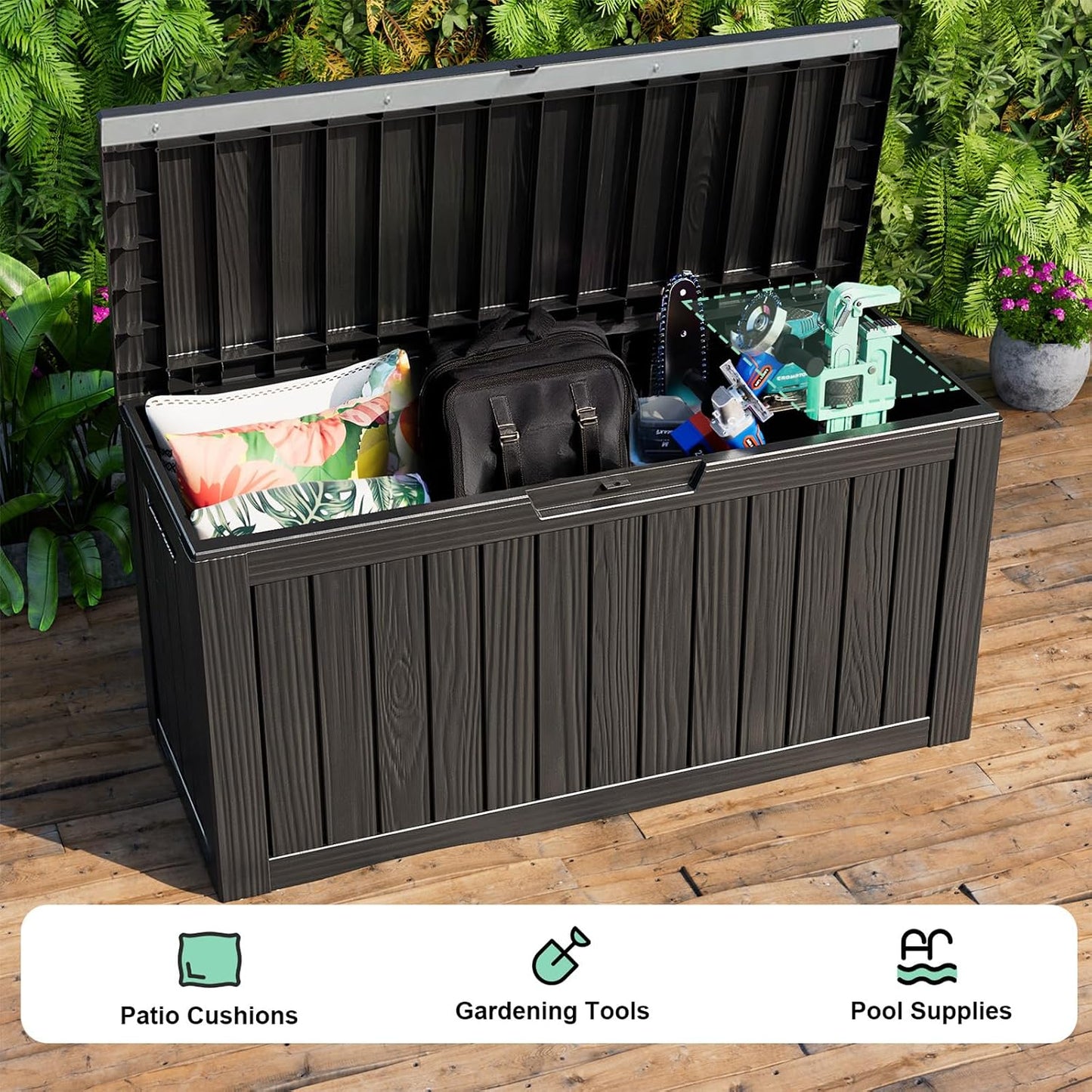 320 Gallon Waterproof Outdoor Storage Box, UV Resistant Resin Deck Box with Hydraulic Rod for Reinforced Stability, Perfect for Patio, Garden, and Pool（Black，320 Gallon）
