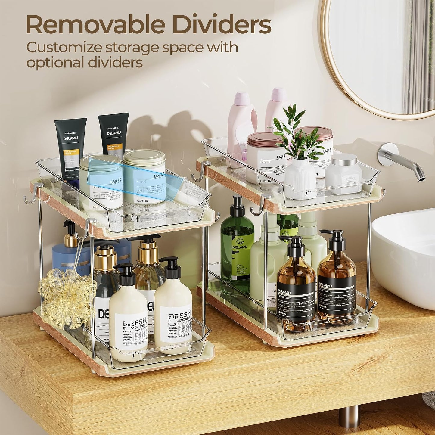 Delamu 2 Tier Under Sink Organizer Bathroom, Bathroom Cabinet Organizer with Snap-Lock Design and Hooks, Pull Out Storage with Movable Dividers, for Countertop, Kitchen and Pantry (Clear, 2 Pack)