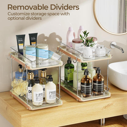 Delamu 2 Tier Under Sink Organizer Bathroom, Bathroom Cabinet Organizer with Snap-Lock Design and Hooks, Pull Out Storage with Movable Dividers, for Countertop, Kitchen and Pantry (Clear, 2 Pack)