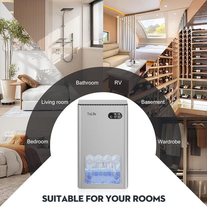 ToLife Dehumidifier for Home 95 OZ Water Tank, 1000 sq.ft Dehumidifiers for Basement Bedroom Bathroom with Auto Shut Off 7 Colors LED Light, Grey
