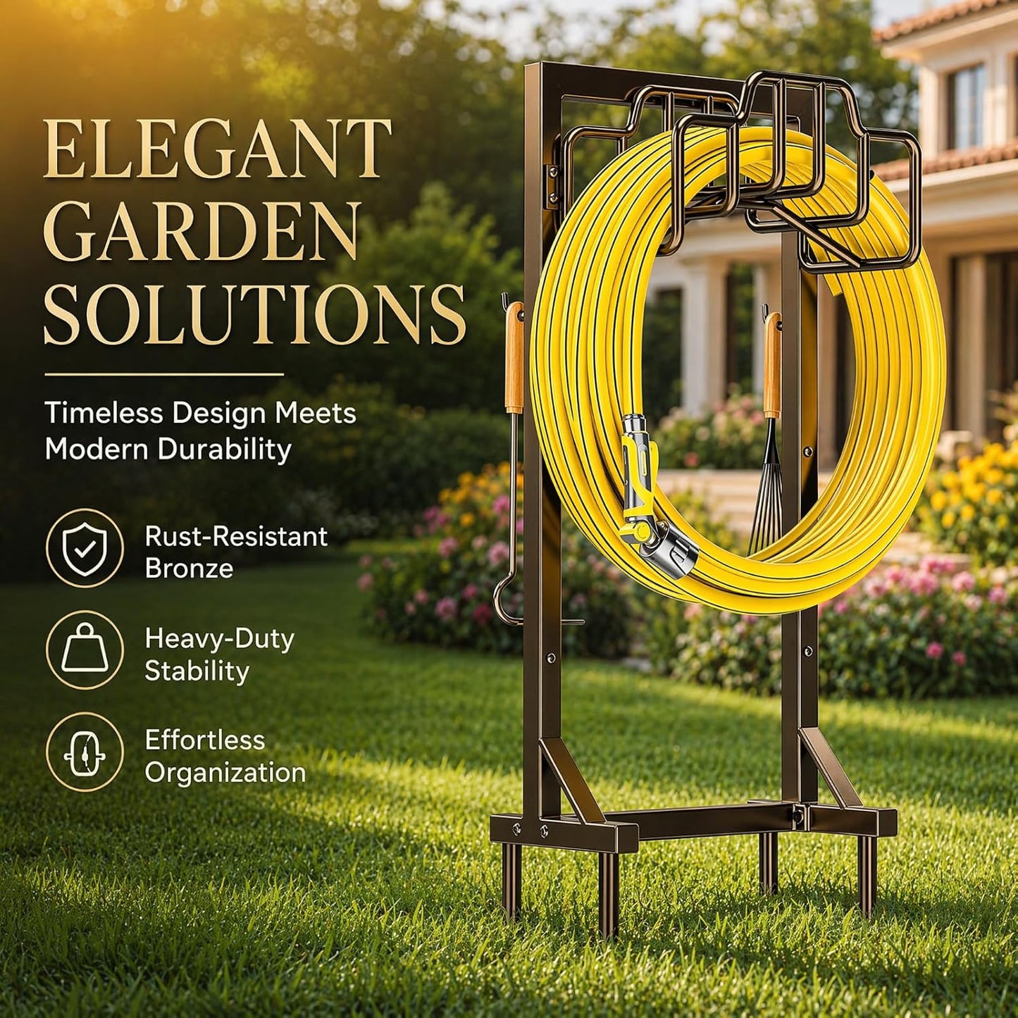 Skycarper Garden Hose Reel Holder Detachable Metal Water Hose Hanger Organizer Heavy Duty Free Standing Hose Stand (Deep Black)