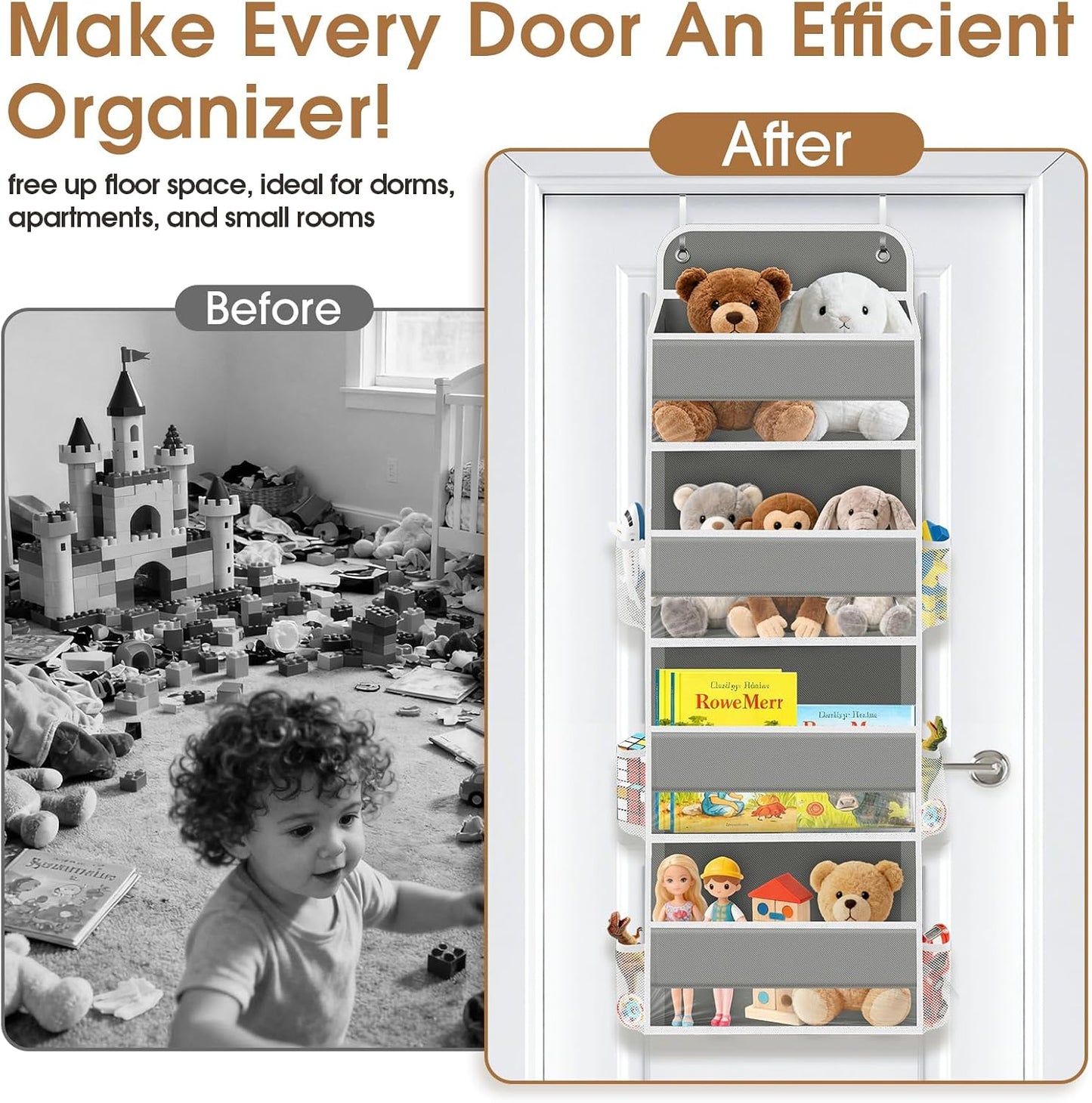 WISELIFE Over The Door Organizer Storage with 4 Large Pockets Door Hanging Organizer with Clear Windows behind The Door Storage for Nursery Bedroom Bathroom Pantry Closet and Baby Essentials Dark Grey