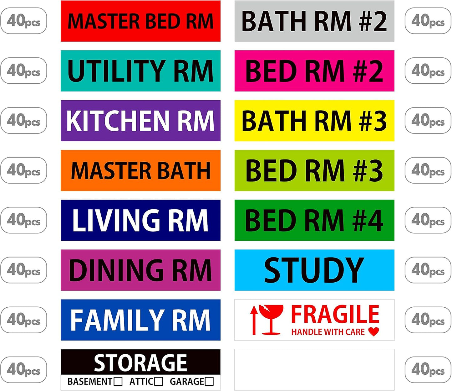 640 Pcs Removable Home Moving Labels 15 Pre-Printed Color-Coded Plus 1 Customizable Blank (Each Measures 4" x 1")