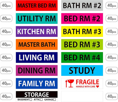 640 Pcs Removable Home Moving Labels 15 Pre-Printed Color-Coded Plus 1 Customizable Blank (Each Measures 4" x 1")