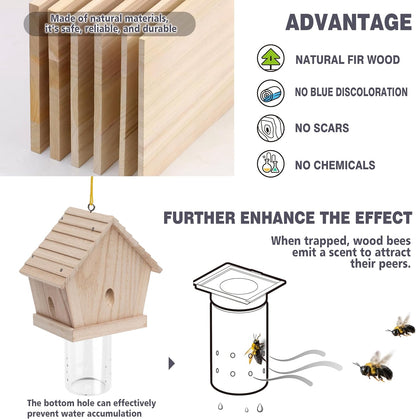 GRTRE 4 Pack Wood Carpenter Bee Trap for Outside - Nature Chalet Style Carpenter Bee Traps Outdoor Hanging