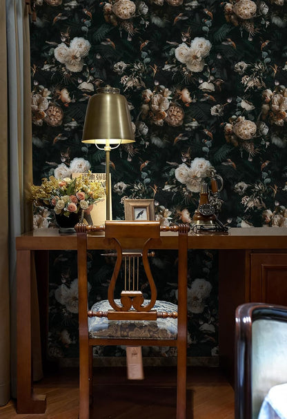 Floralplus Peel and Stick Wallpaper Removable Dark Floral Wallpaper 17.5 x 393 in Renter Friendly Wallpapers for Bedroom Accent Wall Black Floral Contact Paper Flower Wall Mural