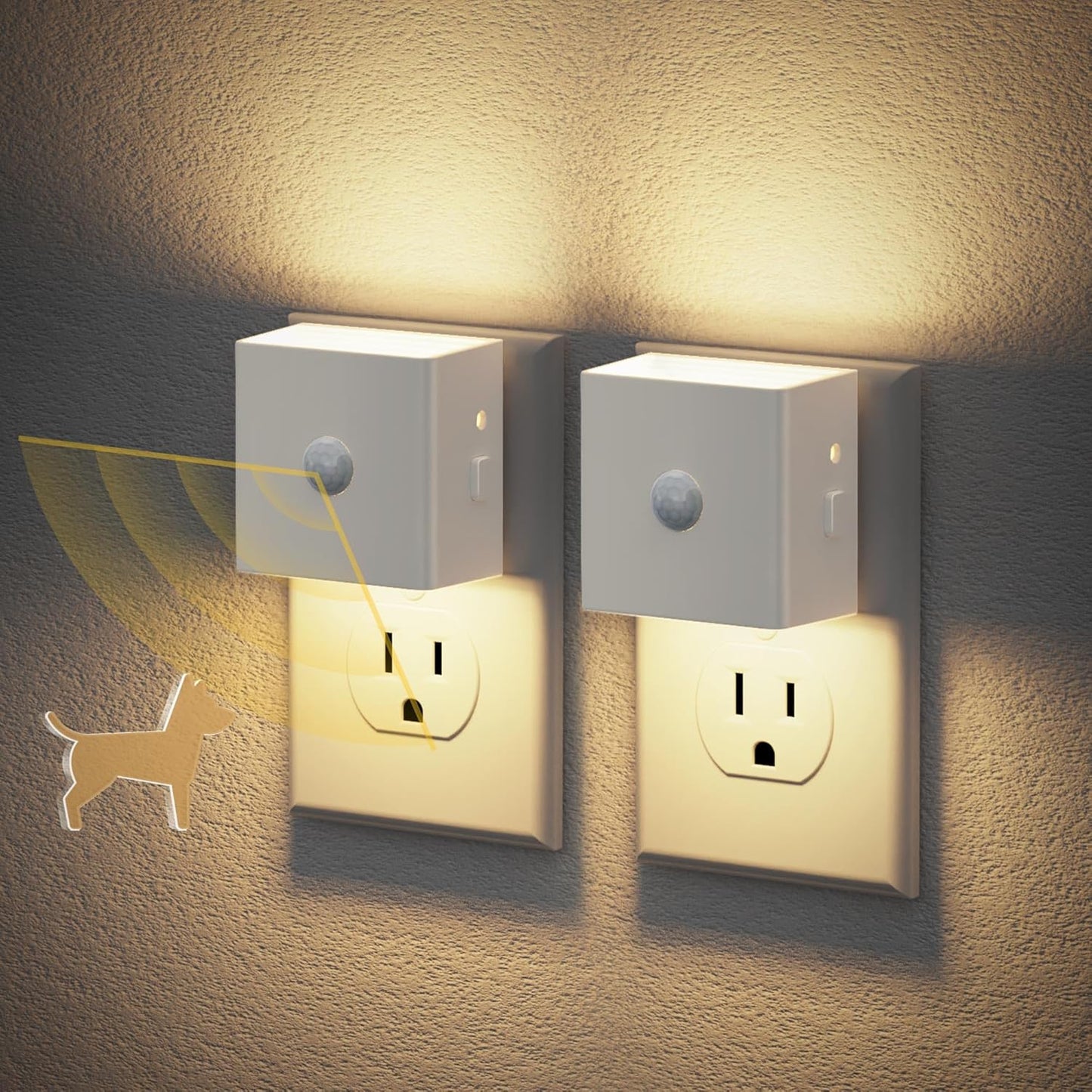 JandCase Motion Sensor Night Light, 2 Pack Motion Activated Night-Lights, 3000K Warm White LED Night Lights Plug into Wall, 30/60LM Adjustable Brightness, for Kids Adults Bathroom Bedroom