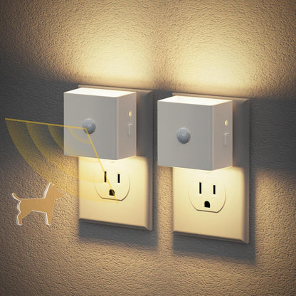 JandCase Motion Sensor Night Light, 2 Pack Motion Activated Night-Lights, 3000K Warm White LED Night Lights Plug into Wall, 30/60LM Adjustable Brightness, for Kids Adults Bathroom Bedroom