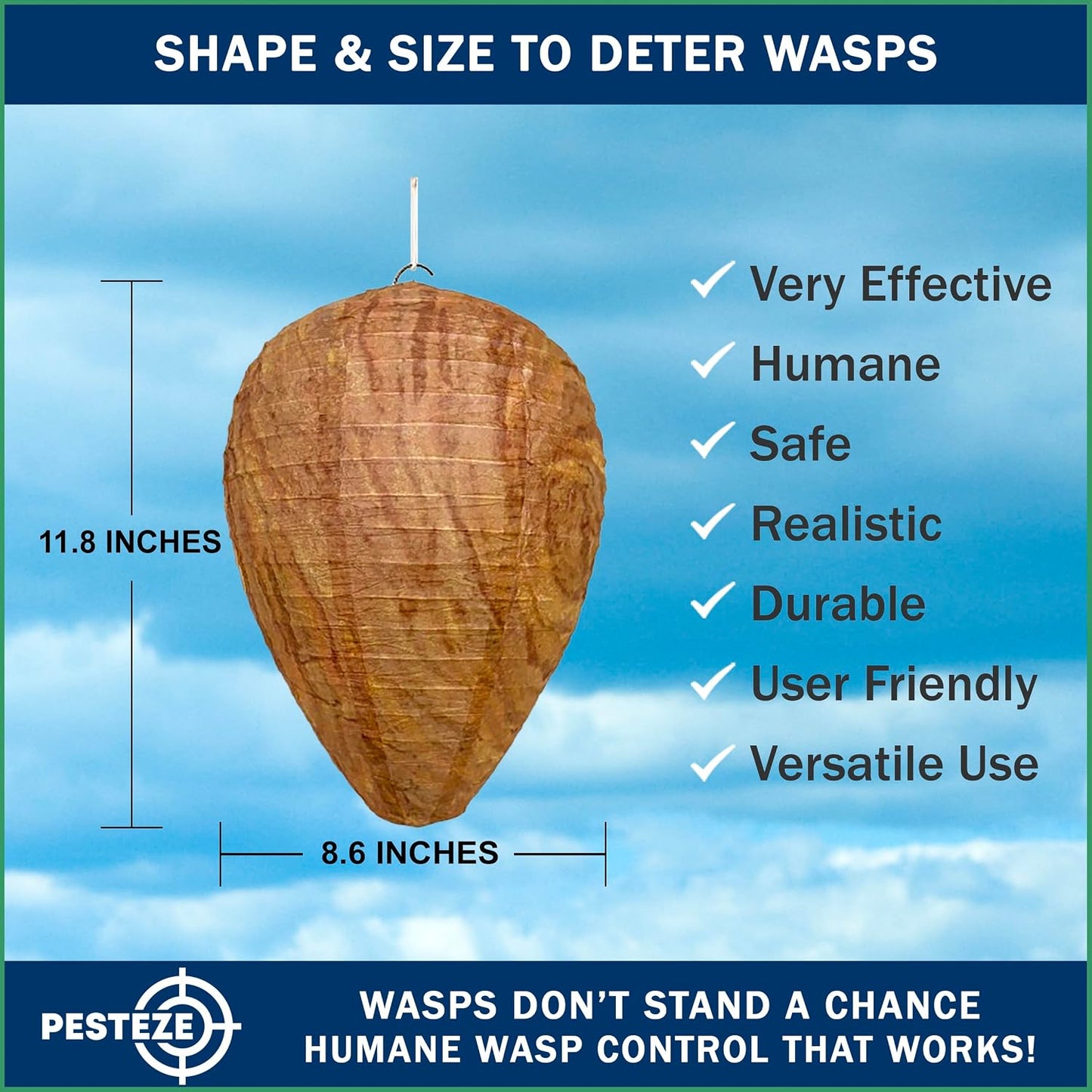 PESTEZE USA Premium Hanging Wasp Nest Decoy [11.8 x 8.6 Inch] — Faux Hornet Hive Deterrent Helps Deter Wasps, Hornets& Yellow Jacket Species Outdoors by Simulating Rival Hives Without Harsh Chemicals