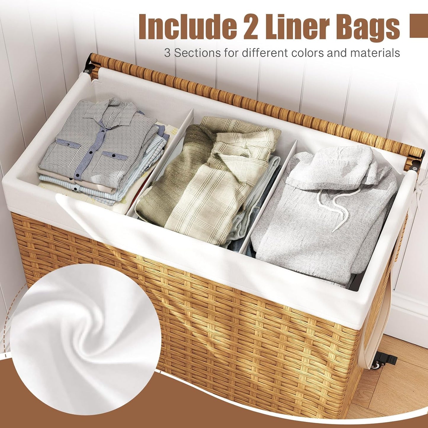 GOFLAME Laundry Hamper with Lid and Wheels, 125L Hand Woven Rattan Laundry Basket with 3 Divided Sections, Handles, 2 Removable and Washable Liner Bags, Dirty Clothes Hamper for Bedroom (Natural)