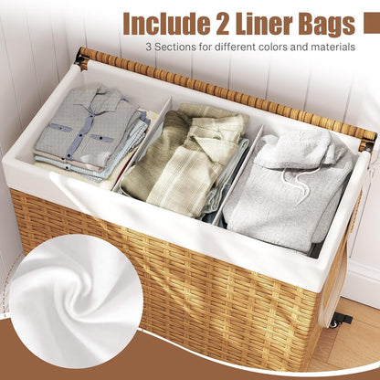 GOFLAME Laundry Hamper with Lid and Wheels, 125L Hand Woven Rattan Laundry Basket with 3 Divided Sections, Handles, 2 Removable and Washable Liner Bags, Dirty Clothes Hamper for Bedroom (Natural)
