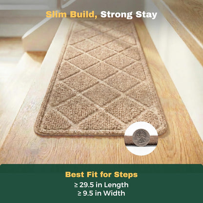 MBIGM 8" X 30" (15 in Pack) Non-Slip Carpet Stair Treads Non-Skid Safety Rug Slip Resistant Indoor Runner for Kids Elders & Pets with Reusable Adhesive - Dark Gray Diamond Weave