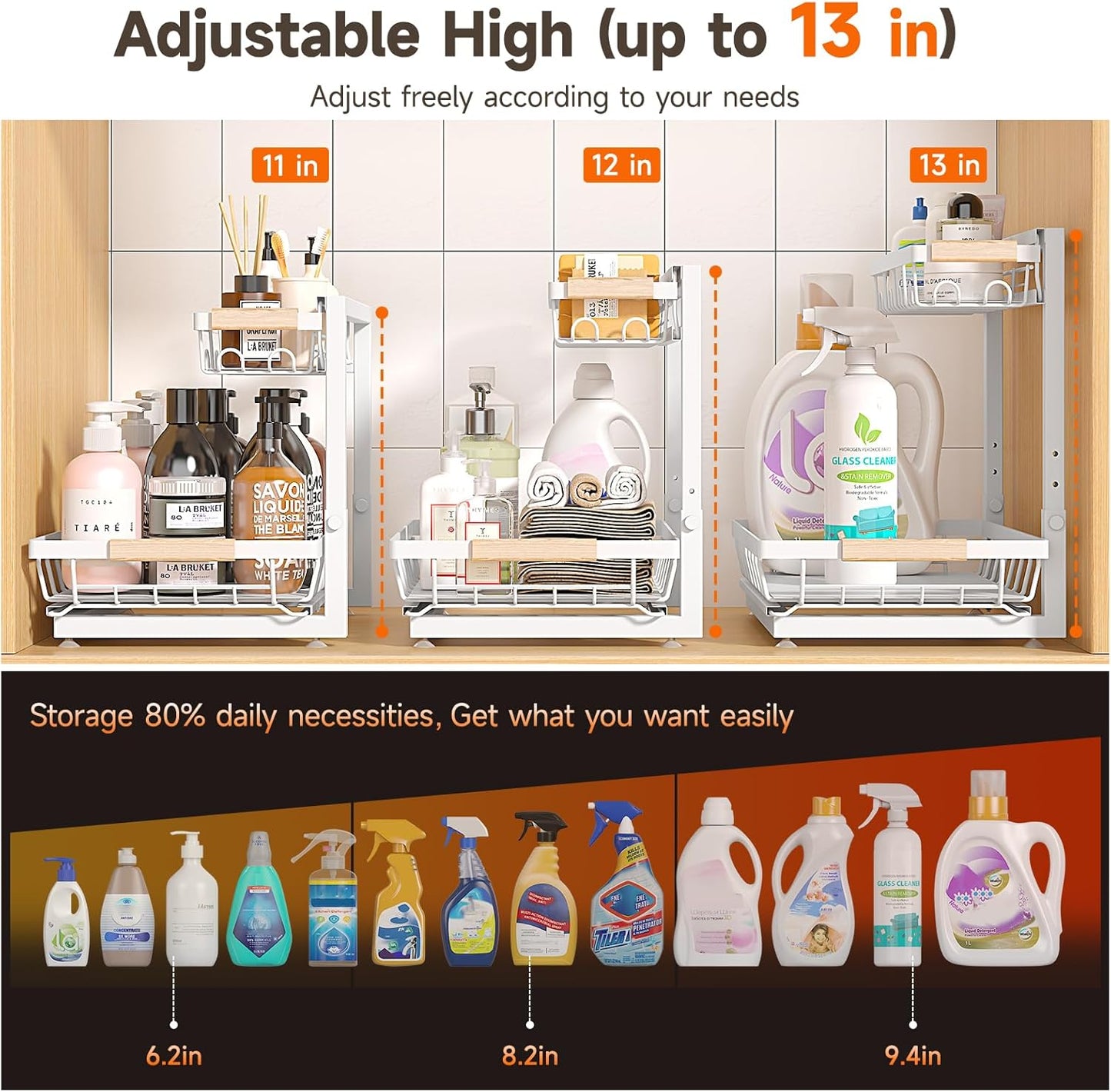 Sevenblue 2-Pack 2-Tier Height Adjustable Under Sink Organizer & Storage | Multi-purpose storage for kitchen & bathroom cabinet. Large black shelf, height adjustable design for space-saving.