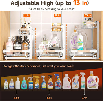 Sevenblue 2-Pack 2-Tier Height Adjustable Under Sink Organizer & Storage | Multi-purpose storage for kitchen & bathroom cabinet. Large black shelf, height adjustable design for space-saving.