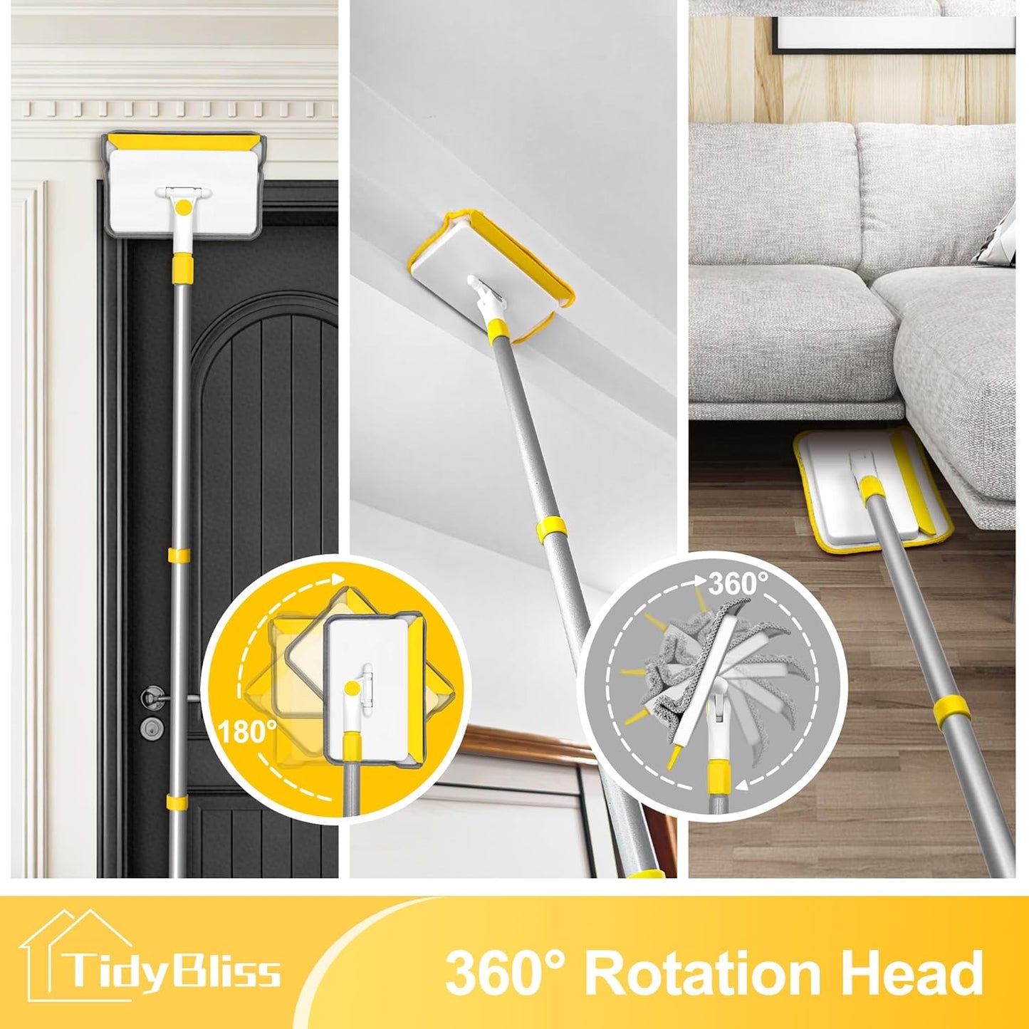 TidyBliss Baseboard Cleaner Tool with Handle, 55.9” Long Wall and Base Board Cleaning Mop, 4 Reusable Pads, 1 Stiff Bristle Scrubber Brush for Floorboard Ceiling Cabinet Window Bathroom (Yellow)