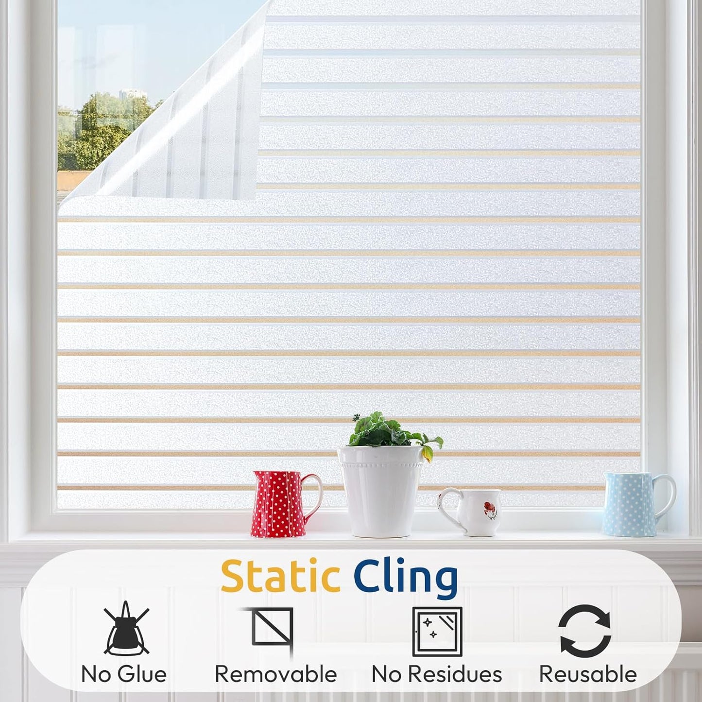 rabbitgoo Window Privacy Film, Frosted Glass Privacy Film, Window Frosting Cling for Glass, Non Adhesive Static Cling Front Door Covring, Anti-UV Reeded Blinds Sticker, Striped Pattern, 17.5" x 78.7"