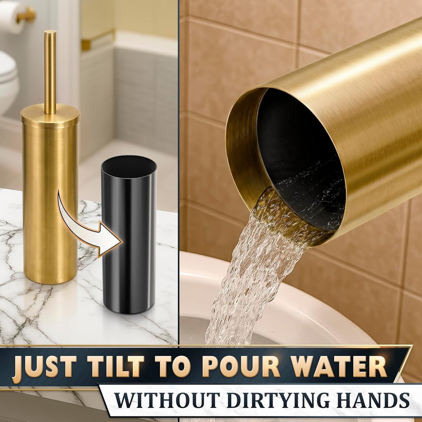 Black Toilet Brush and Holder Set - Slim Matte Design that Fits Anywhere - Stainless Steel Toilet Bowl Brush and Holder with 2 Rounded Corners, Replaceable Head, Removable Inner Bowl & Splash Guard