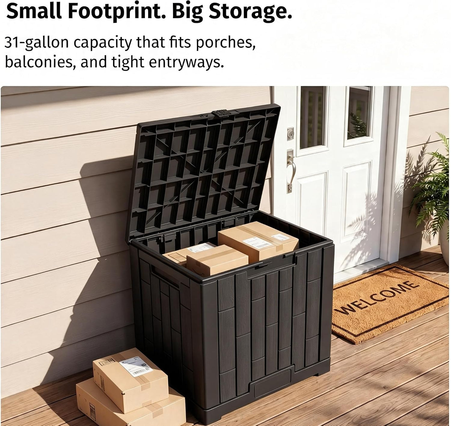 LAUSAINT HOME 320 Gallon Resin Deck Box, Package Delivery Box with Lockable Lid, Waterproof Outdoor Storage Box For Garden Tools, Patio Cushions(320 Gallon,Black)