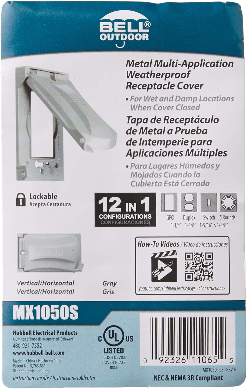 Hubbell Bell MX1050S Single-Gang Weatherproof Heavy Duty Universal Flip Cover, 2.87"W x 4.84"H, Gray Finish