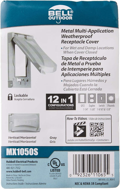 Hubbell Bell MX1050S Single-Gang Weatherproof Heavy Duty Universal Flip Cover, 2.87"W x 4.84"H, Gray Finish