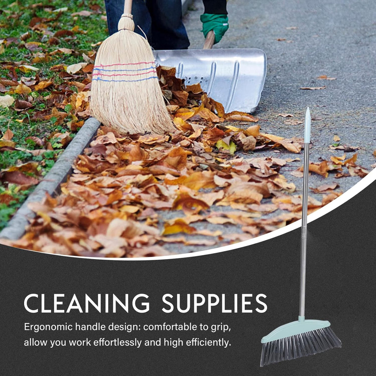 KALLORY Heavy-Duty Broom Outdoor Indoor Broom for Floor Cleaning with Long Handle 34 inch for Sweeping Concrete Courtyard Garage Patio Indoor Home Kitchen Office Lobby