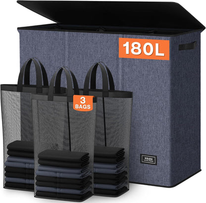 SOLEDI 180L Laundry Hamper 3 Section, Extra Large Laundry Hamper with Lid, Dirty Clothes Hamper with Sturdy Handle, Large Laundry Basket Organizer for Laundry Room, Bedroom, Hampers for Laundry
