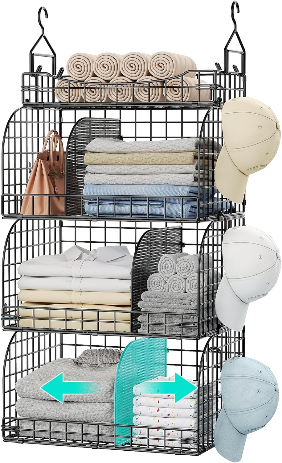 HapiRm Hanging Closet Organizer Storage - 3 Tier Metal Stackable Hanging Closet Shelves with Dividers and S Hooks, Foldable Clothes Shelves for Clothes, Pants, Shoes, Coat, Hats Clutches Accessories
