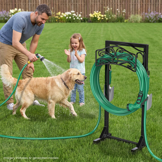 Sunvigor Garden Hose Holder, Heavy Duty Metal Hose Stand with 4 Spikes, Holds Up to 150FT Hose, No Drill Freestanding Hose Reel Alternative for Yard Lawn Outdoor