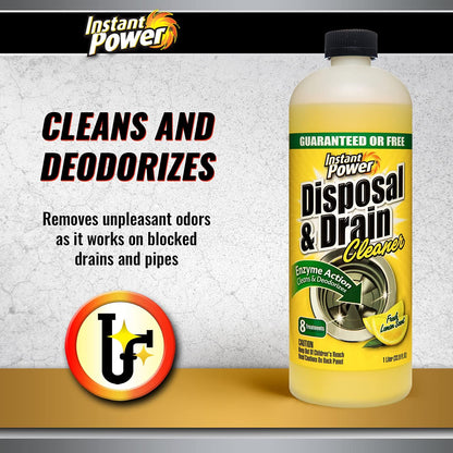 Instant Power Disposal and Drain Cleaner – Liquid Enzyme Clog Remover, Cleans and Deodorizes, Removes Drain Blockages, Fresh Lemon Scent, 33.8 Fl oz, 1 Liter