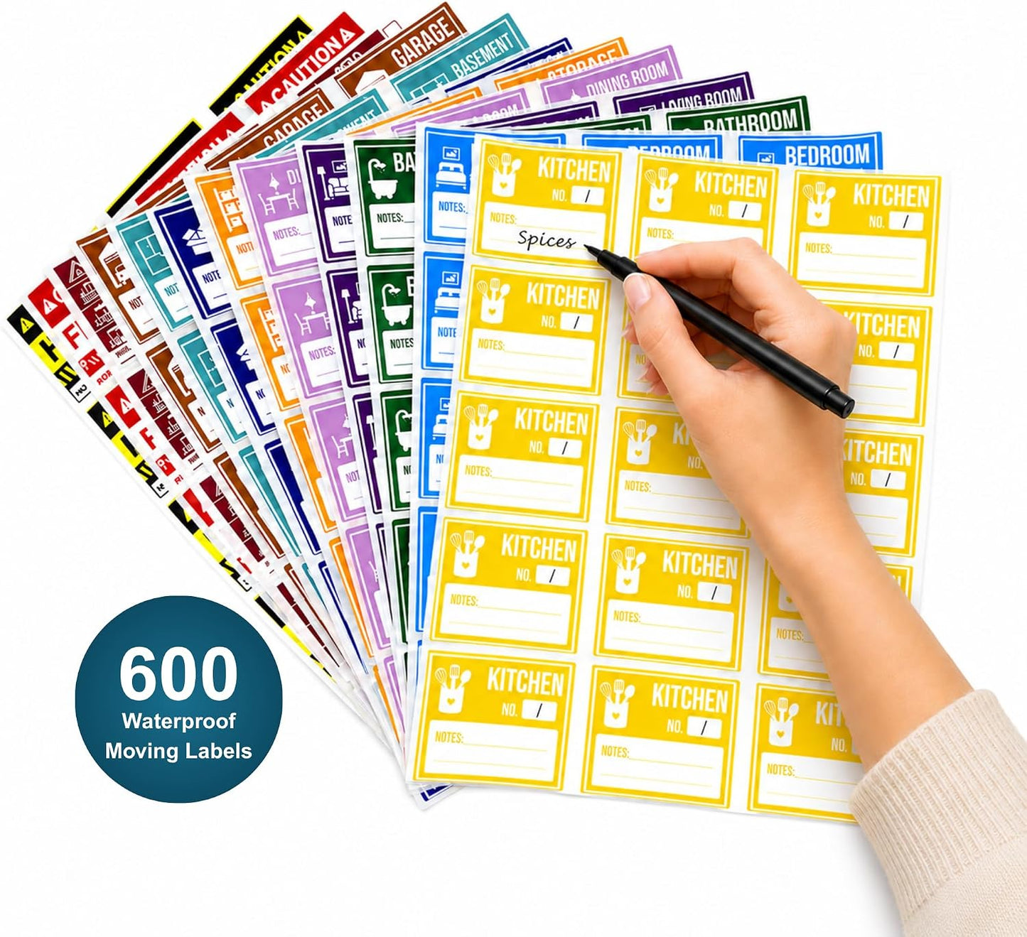 Moving Labels – 600 Premium Waterproof Color-Coded Removable Packing Stickers, 40 Sheets x 15 Medium Labels, Home & Storage