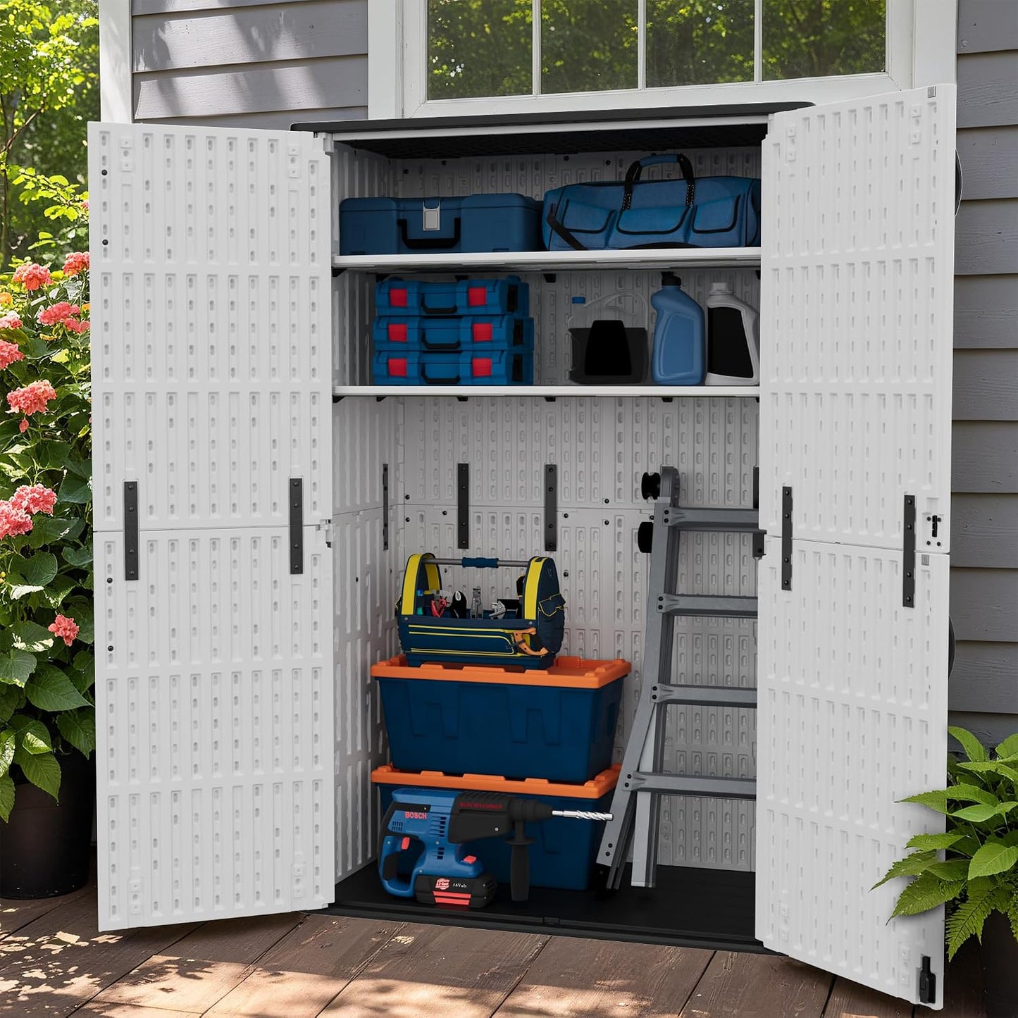 Greesum Outdoor Storage Cabinet, 26 CUFT Deck Box Without Shelves, Waterproof Plastic Storage Shed for Patio Cushions, Gardening Tools, Lockable and Sidehandles, UV Resistant, Beige