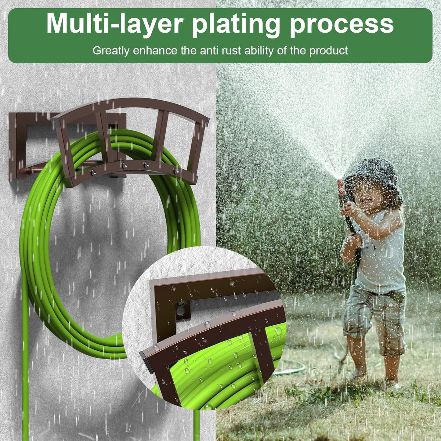 OLV Garden Hose Holder Wall Mounted, Outdoor Heavy Duty Metal Water Hose Holder Hanger Holds 125-ft Water Pipe, Sturdy Detachable Hose Storage Organizer Reel Rack for Outside Garden Lawn Yard Farm