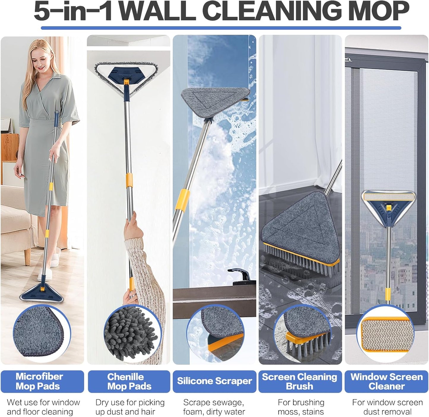 80" Wall Cleaner Mop with Long Handle, Sunoyar 360° Triangle Wall Washer Cleaner Tool for Ceiling Painted Wall Fan Baseboard,Wall Dusters Kit with Chenille Microfiber Pad Brush Scraper 5-in-1 Durable