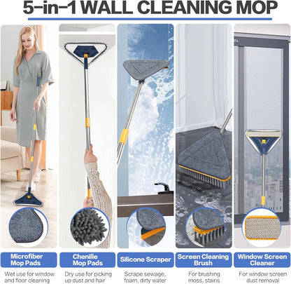 80" Wall Cleaner Mop with Long Handle, Sunoyar 360° Triangle Wall Washer Cleaner Tool for Ceiling Painted Wall Fan Baseboard,Wall Dusters Kit with Chenille Microfiber Pad Brush Scraper 5-in-1 Durable