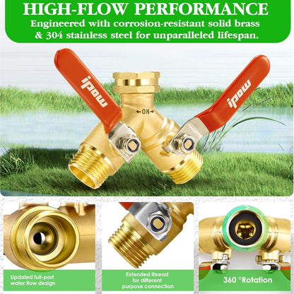 IPOW Upgrade Full Flow Garden Hose Splitter with Stainless Steel Handle, Brass Heavy Duty 2 Way Y Valve Garden Hose Splitter High Flow Spigot Splitter + 6 Rubber Hose Washers with Comfort Grip Use