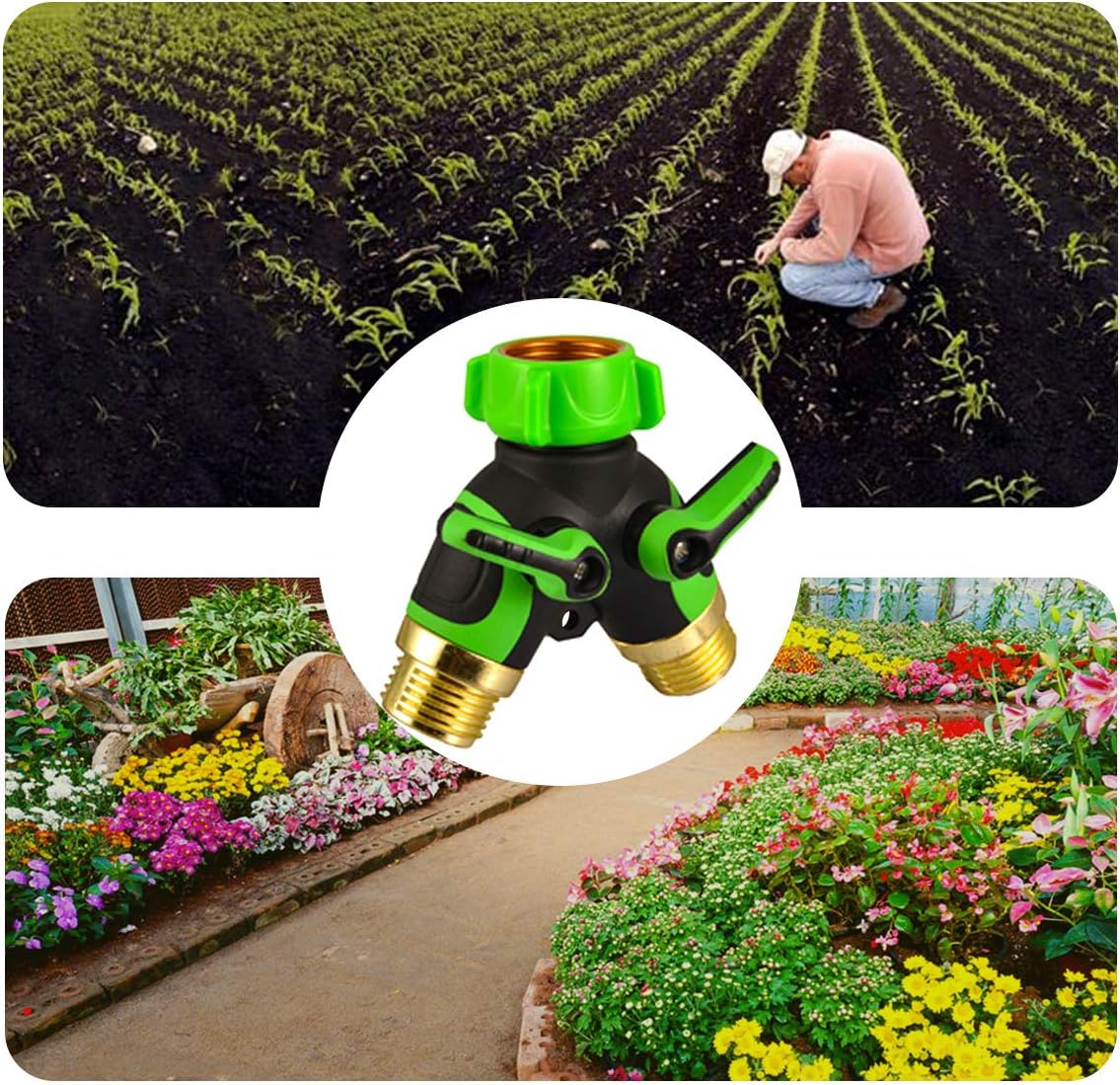 Garden 2 Way Hose Splitter Y Connector with Comfortable Rubber Grip and 360 °Rotatable Top Quick Connect Garden Hose Tee Equipment Valve Shut Off (Green 2)