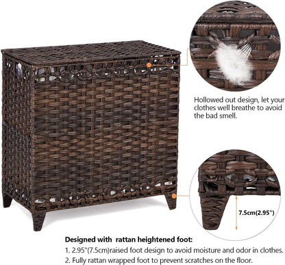 Laundry Hamper with 3 Removable Liner Bags; 132L Handwoven Rattan Laundry Basket with Lid & Heightened Feet; Clothes Hamper with Side Handles; Laundry Sorter with 3 Separate Sections