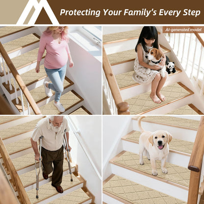 COSY HOMEER Edging Stair Treads Non-Slip Carpet Mat 28inX9in Indoor Stair Runners for Wooden Steps, Edging Stair Rugs for Kids and Dogs, 100% Polyester TPE Backing(4pc, Beige)