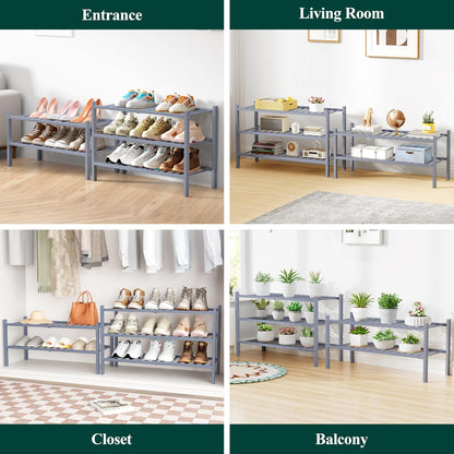 Smiry Bamboo Shoe Rack for Closet, 3 Tier Wooden Shoe Organizer, Stackable Wood Shoe Storage Shelf for Entryway, 14 Vertical Slats, One-piece Heavy-Duty Legs, 26.77"x11.02"x18.31", Natural