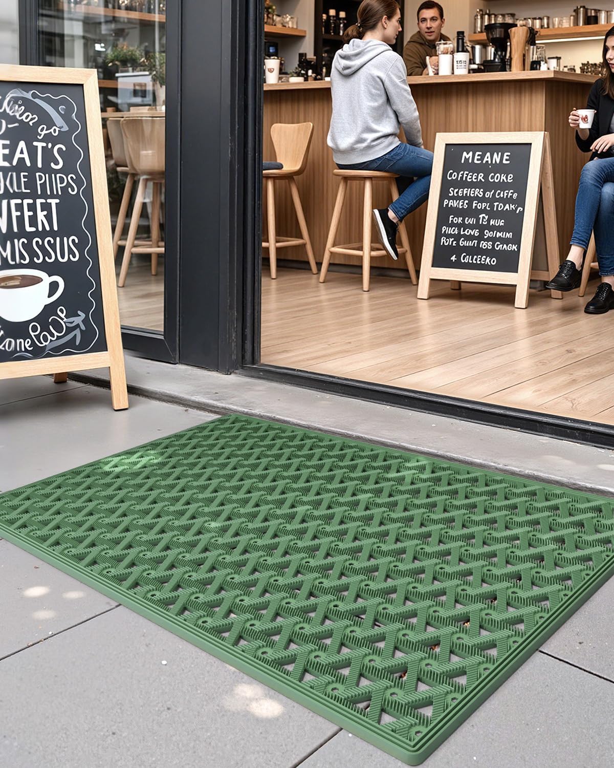 DEXI Front Door Mat Outside Entrance Rubber 19x30, Welcome Floor Doormat Heavy Duty Non Slip, Dirt Trapper Waterproof Exterior Entry Mats All Weather for Patio Entryway Drainage, Black