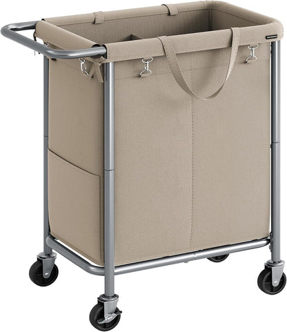 SONGMICS Laundry Basket with Wheels, 3-Section Rolling Laundry Hamper, 52.8 Gallons (200 L), Removable Liner, Steel Frame with Handle, 35.8 x 15.4 x 31.9 Inches, Cream White URLS005W01