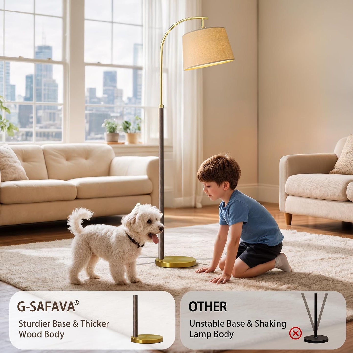 G-SAFAVA Real Wood Floor Lamps for Living Room Bedroom, 62.5" Mid Century Modern Lamp Gold Standing Tall Arc Lamps with Foot Switch, Floor Lamps for Nursery Office Decor Corner Reading Room Light
