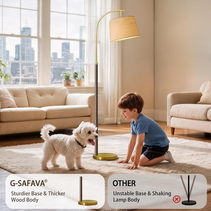 G-SAFAVA Real Wood Floor Lamps for Living Room Bedroom, 62.5" Mid Century Modern Lamp Gold Standing Tall Arc Lamps with Foot Switch, Floor Lamps for Nursery Office Decor Corner Reading Room Light