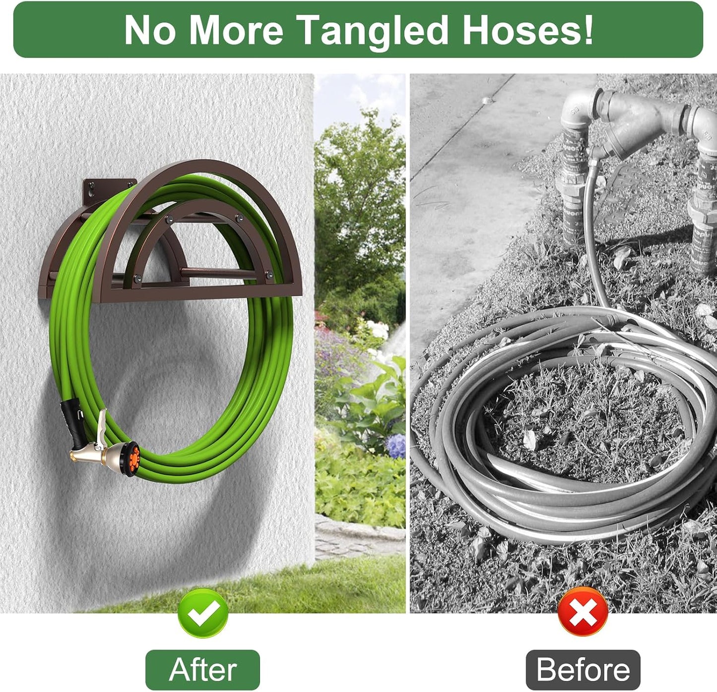 OLV Hose Holder Wall Mount, Outdoor Water Hose Holder Holds 125-ft Hose, Heavy Duty Metal Detachable Hose Hanger Reel Storage Organizer, Hose Rack for Outside Garden Lawn Yard Farm, Black