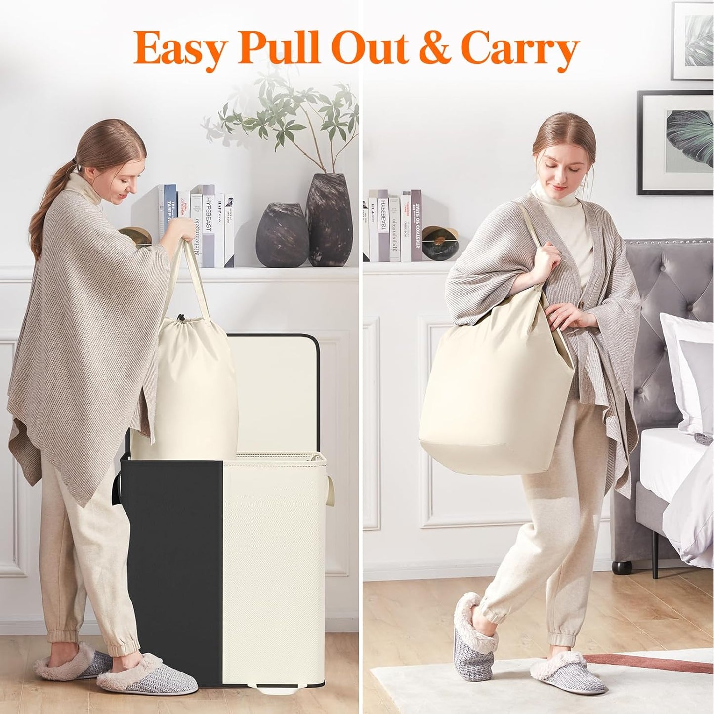 Lifewit Double Laundry Hamper with Lid and Removable Laundry Bags, Large Collapsible 2 Dividers Dirty Clothes Basket with Handles for Bedroom Laundry Room Closet Bathroom College, 136L Beige
