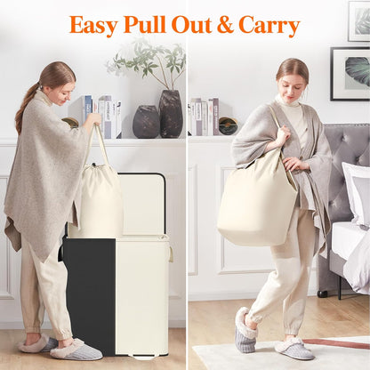 Lifewit Double Laundry Hamper with Lid and Removable Laundry Bags, Large Collapsible 2 Dividers Dirty Clothes Basket with Handles for Bedroom Laundry Room Closet Bathroom College, 136L Beige