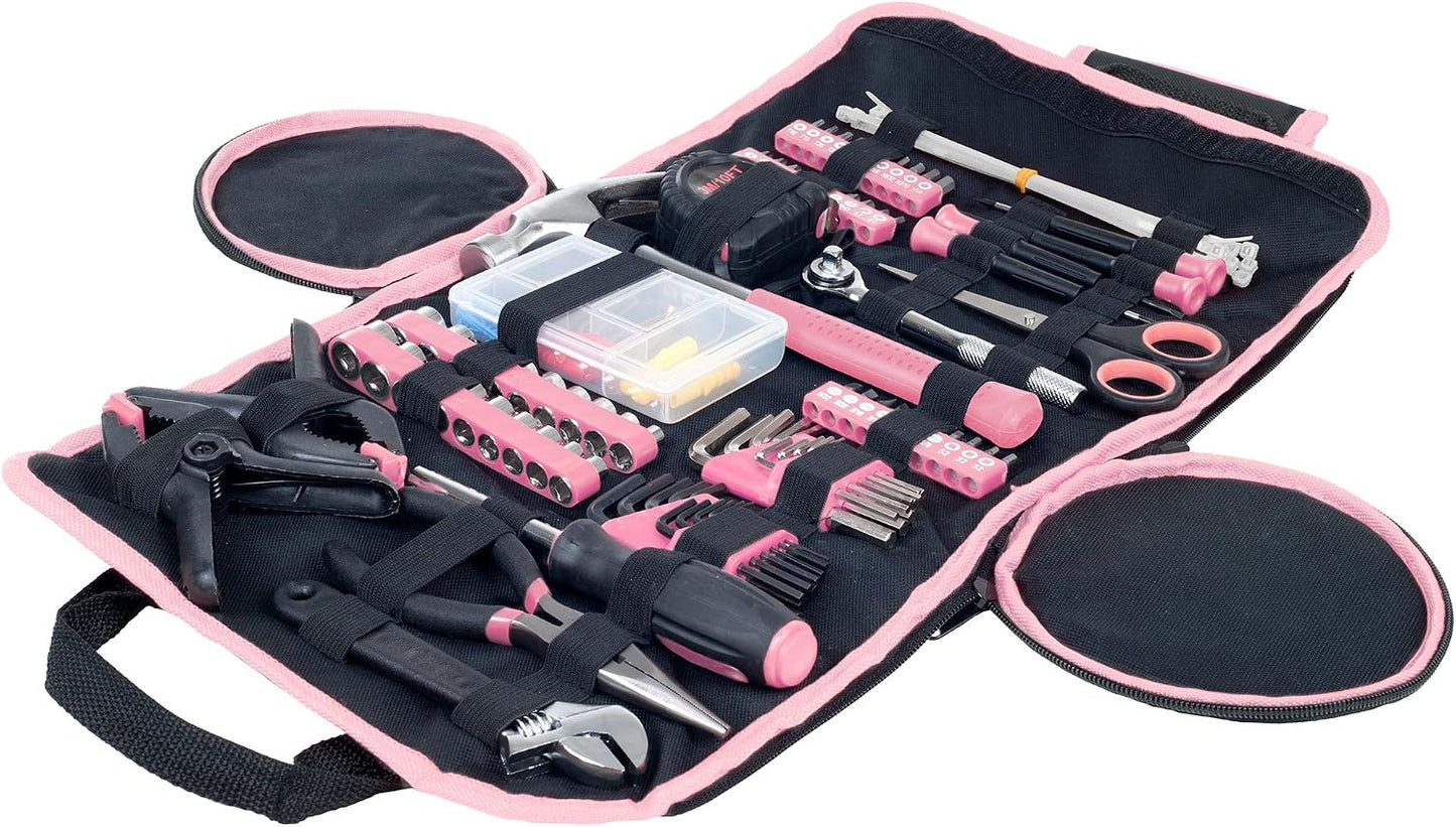 86-Piece Tool Set - Household Tool Kit with Screwdrivers, Pliers, Wrenches, Clamps, and Roll-Up Bag - For the Home, Office, or Car by Stalwart (Pink)