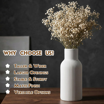 White Ceramic Flower Vases Set of 3, Modern Matte Vertical Ribbed, Nordic Minimalist Decor for Pampas, Dried & Fresh Flowers, Centerpiece for Living Room, Shelf, Entryway, Wedding,Office