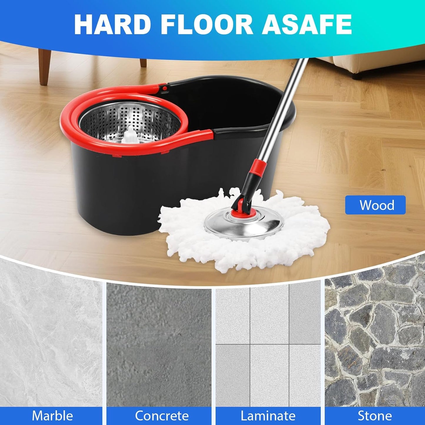 Spin Mop and Bucket with Wringer Set, 360° Spinning Mop Bucket System with 3 Microfiber Mop Replacement Heads Refills, Stainless Steel Extended Handle for Floor Cleaning Home Office